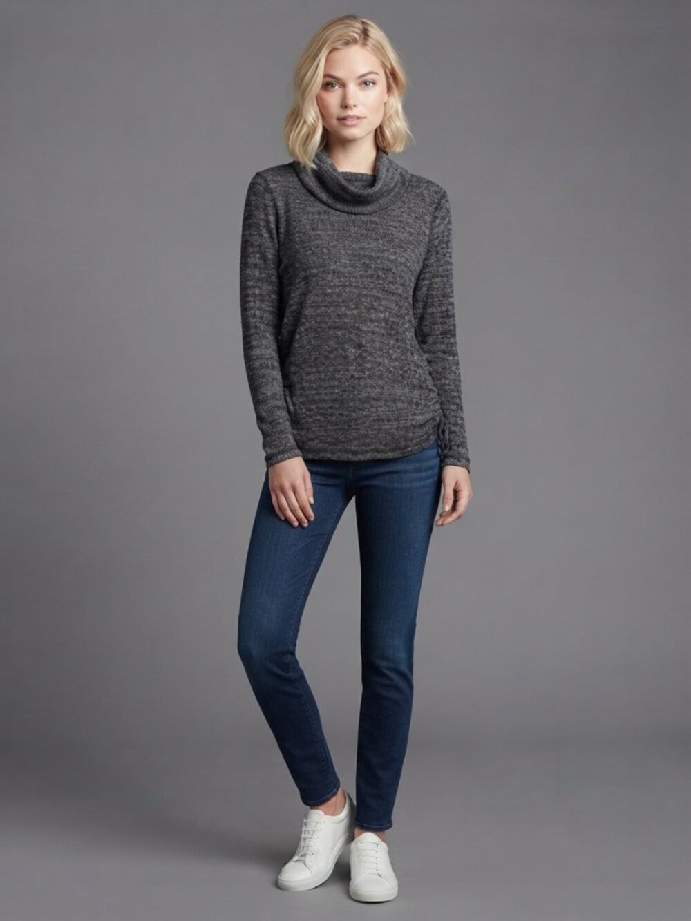J. Jill Waffle Knit Cowl Neck Sweater Side Ruching Drawstring Gray Small #A4610